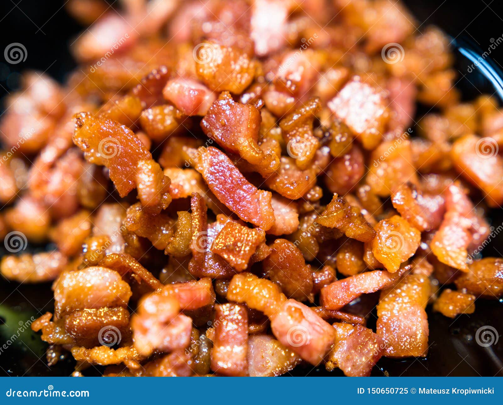Chopped, Crispy Fried Bacon on Black Background Stock Image Image of
