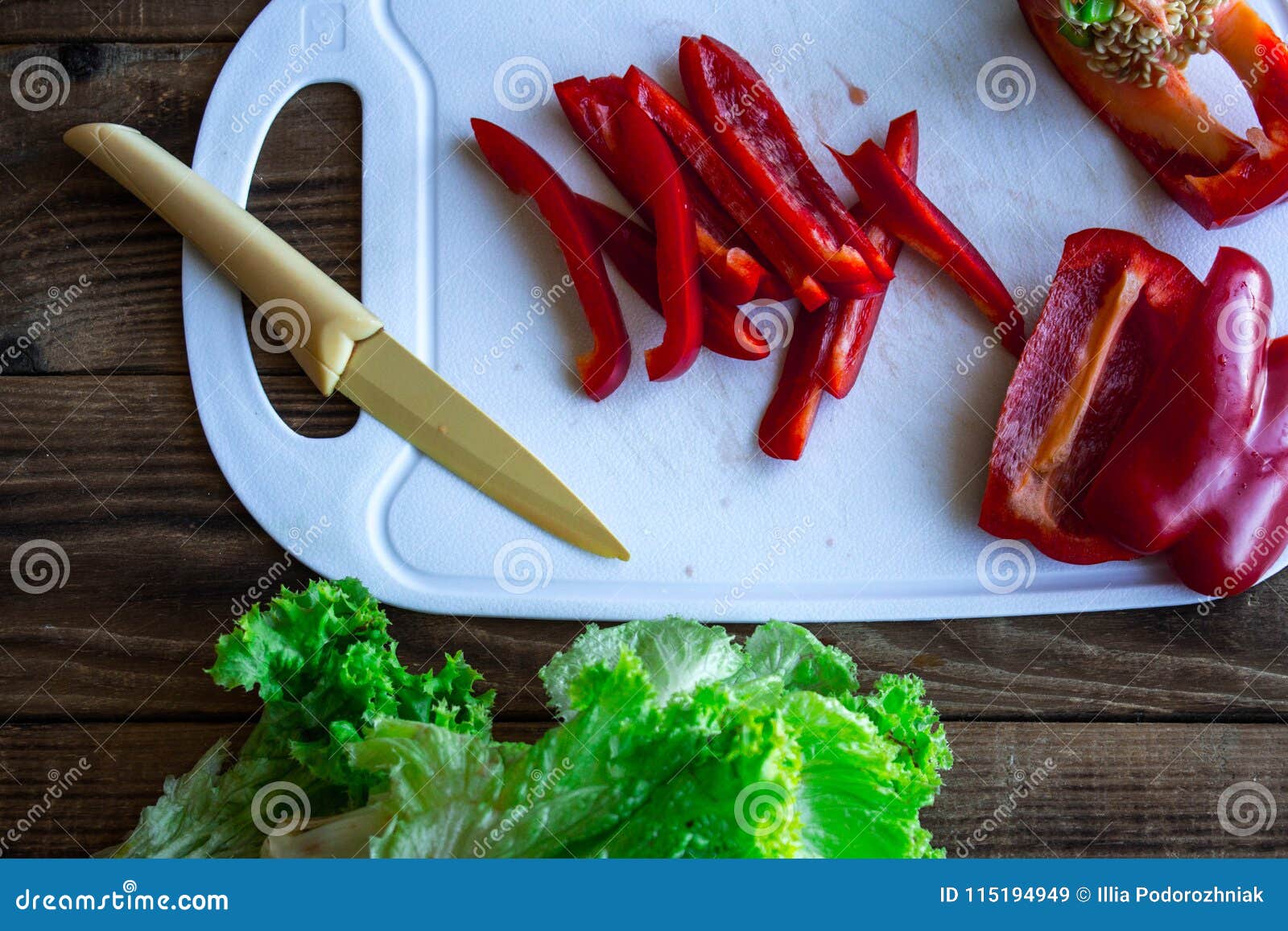 Chopped Pepper on the Tip with Knife and Salad Stock Image Image of