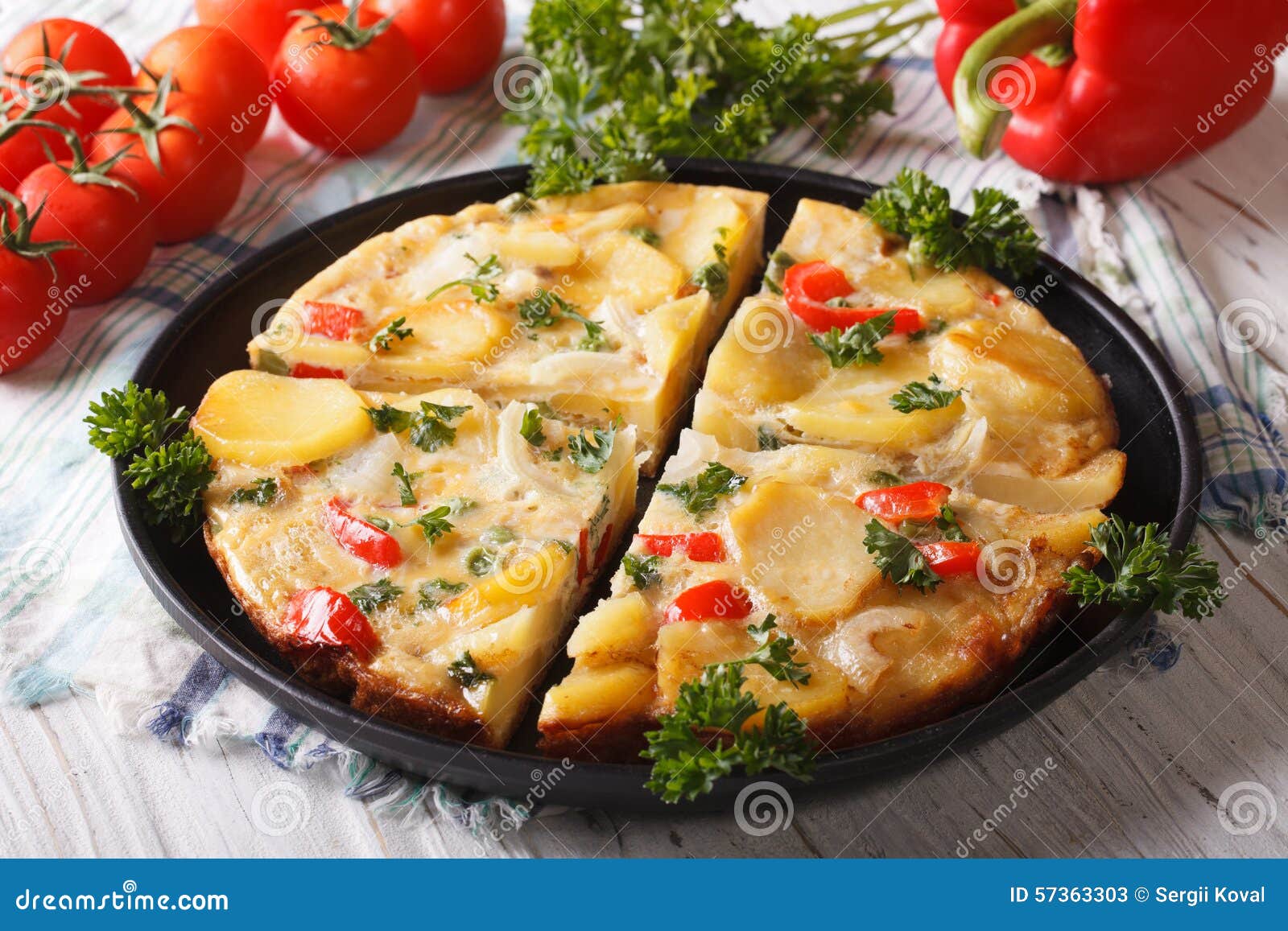 Chopped Spanish Omelette with Potatoes and Vegetables Closeup Stock