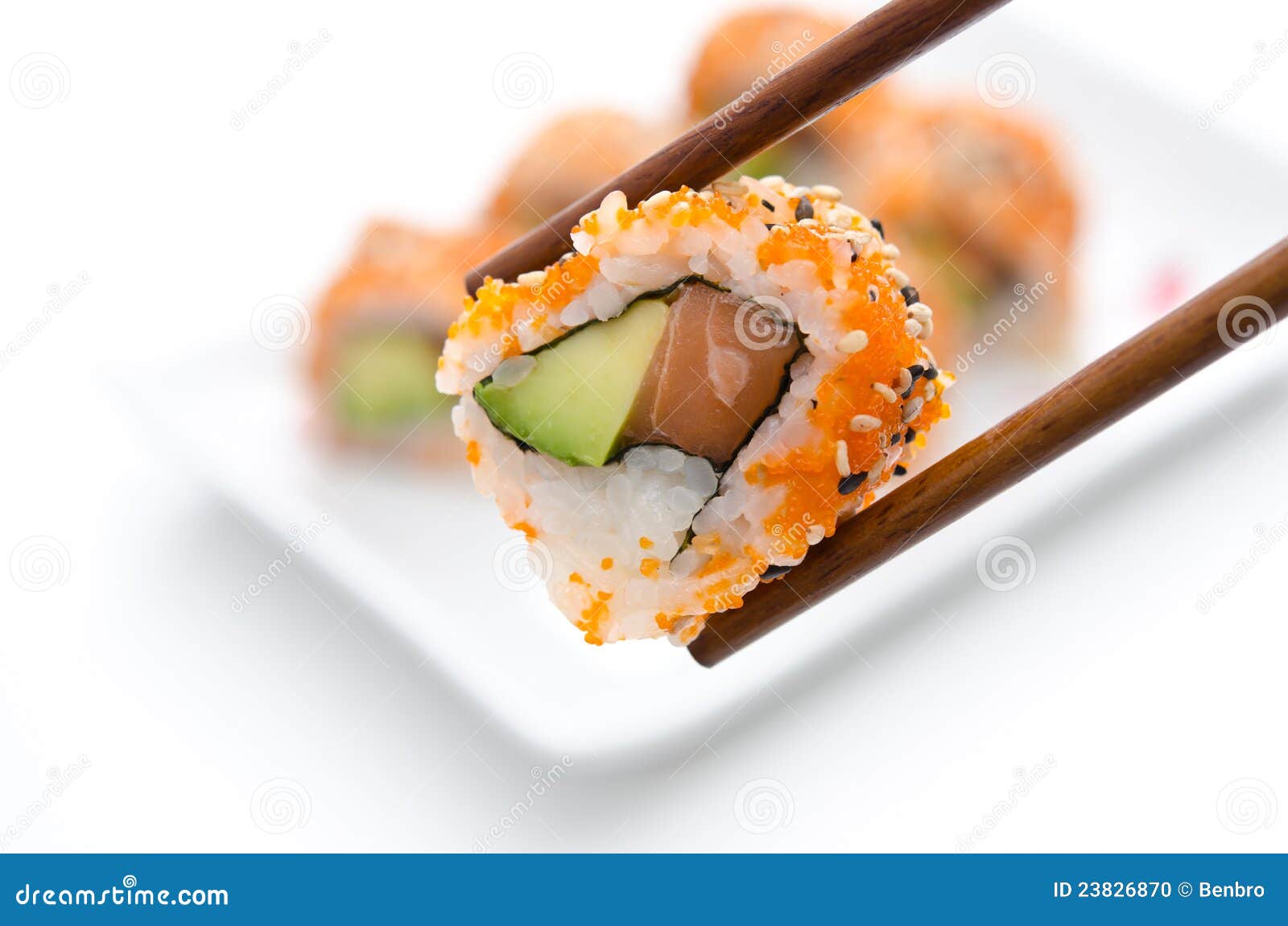 Chopsticks Holding Sushi Roll Stock Photo Image of fresh, maki 23826870