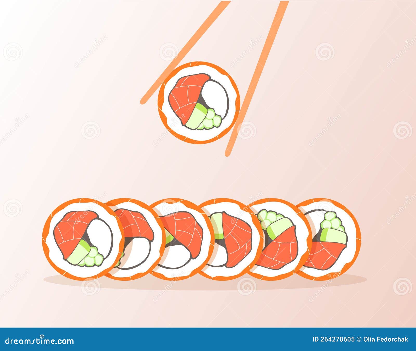 Chopsticks Holding Sushi. Set of Delicious Sushi Stock Vector