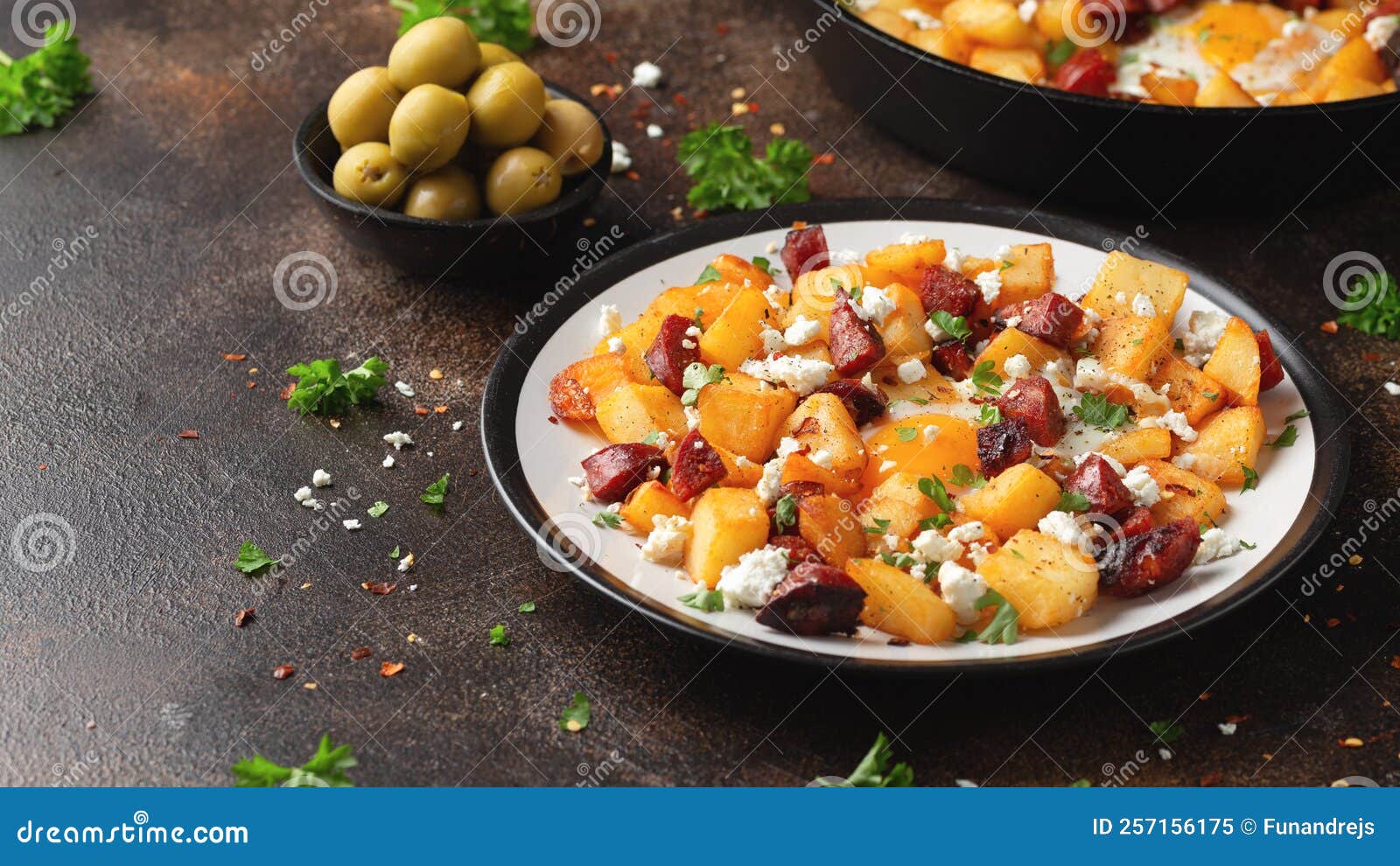 Chorizo Potato Hash Breakfast with Eggs and Feta Cheese Stock Image