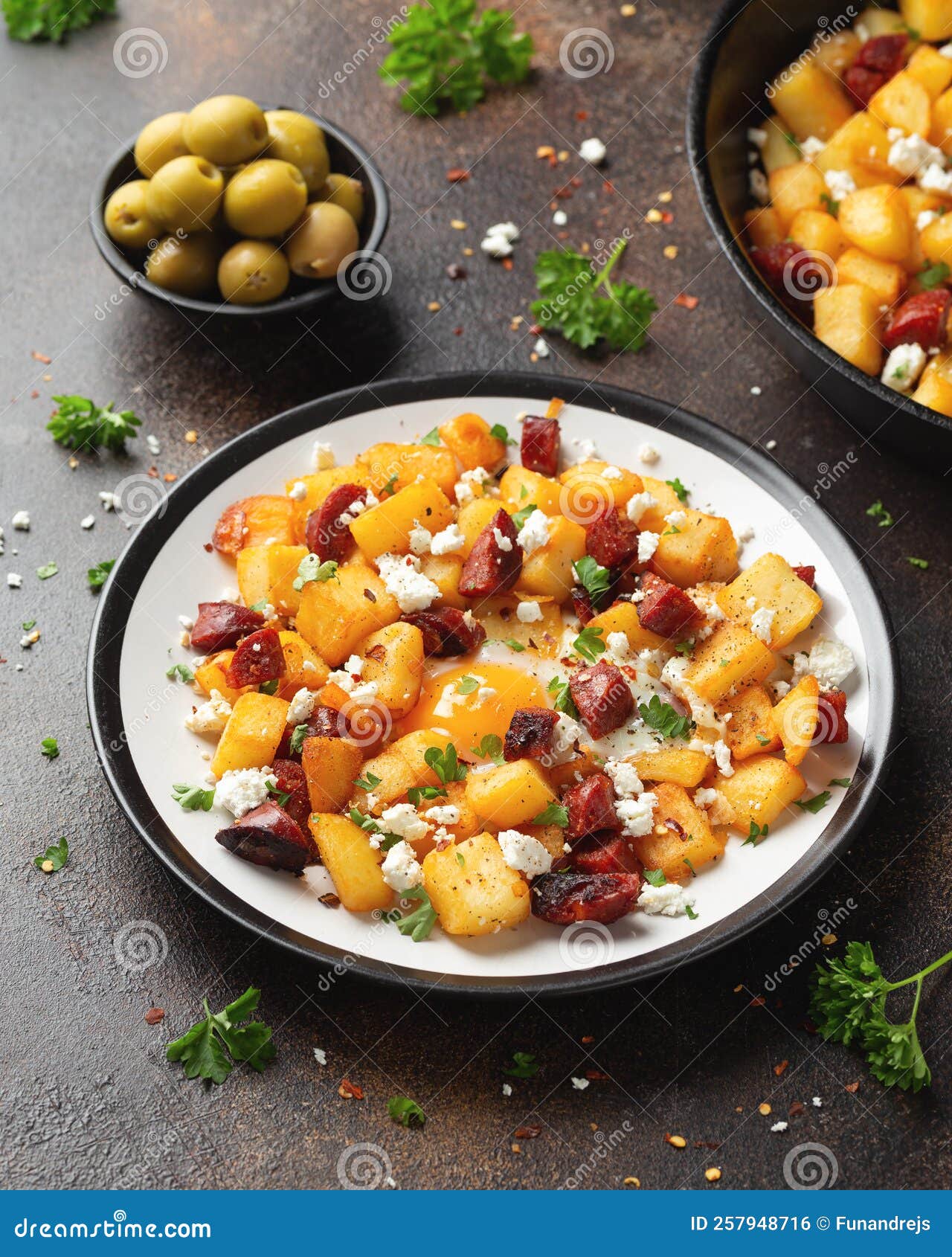 Chorizo Potato Hash Breakfast with Eggs and Feta Cheese Stock Photo