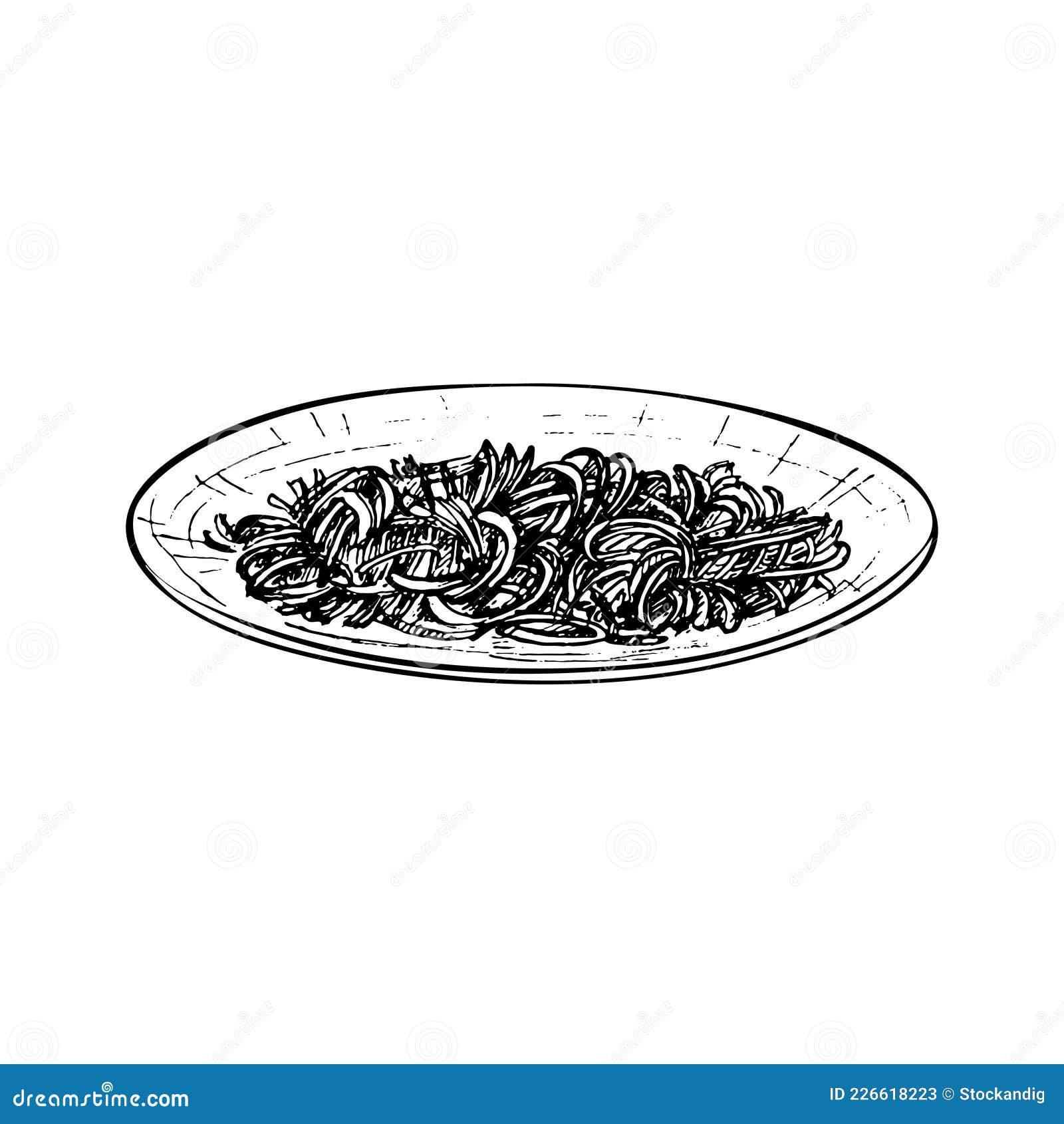 Chow Mein on Plate. Vintage Vector Hatching Hand Drawn Illustration ...