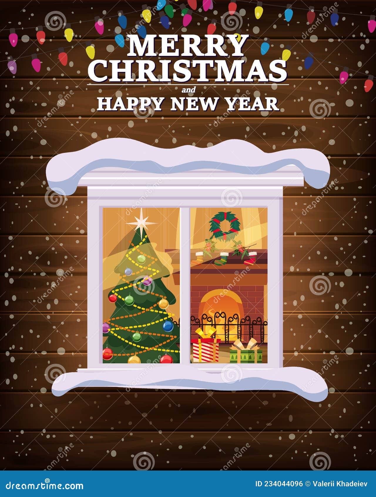 chrismas window, night, decoraions garland retro, living room christmas tree. xmas and new year holiday celebration