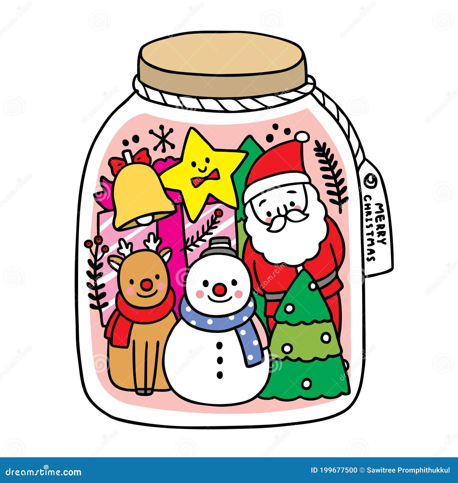 Hand Draw Cartoon Cute Merry Christmas, Santa Claus, Deer, Snowman and  Decoration Christmas in Glass Bottel Vector. Stock Vector - Illustration of  december, drawn: 199677500