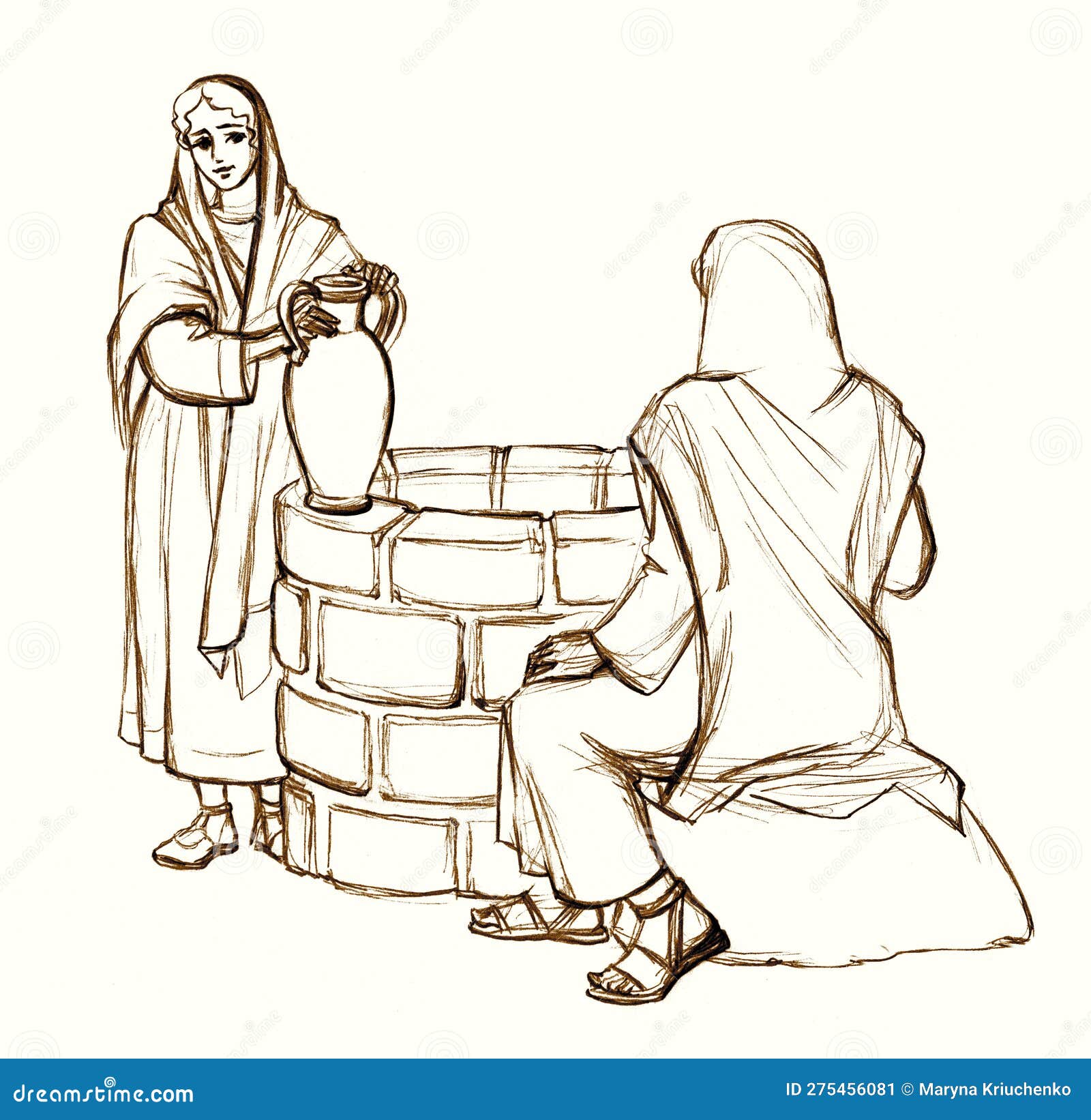 Christ and the Samaritan Woman at the Well. Pencil Drawing Stock