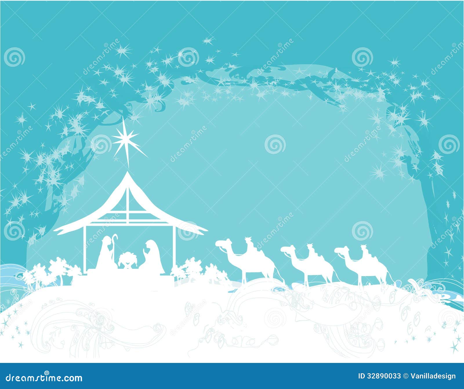 Christian Christmas nativity scene of baby Jesus in the manger stock illustration