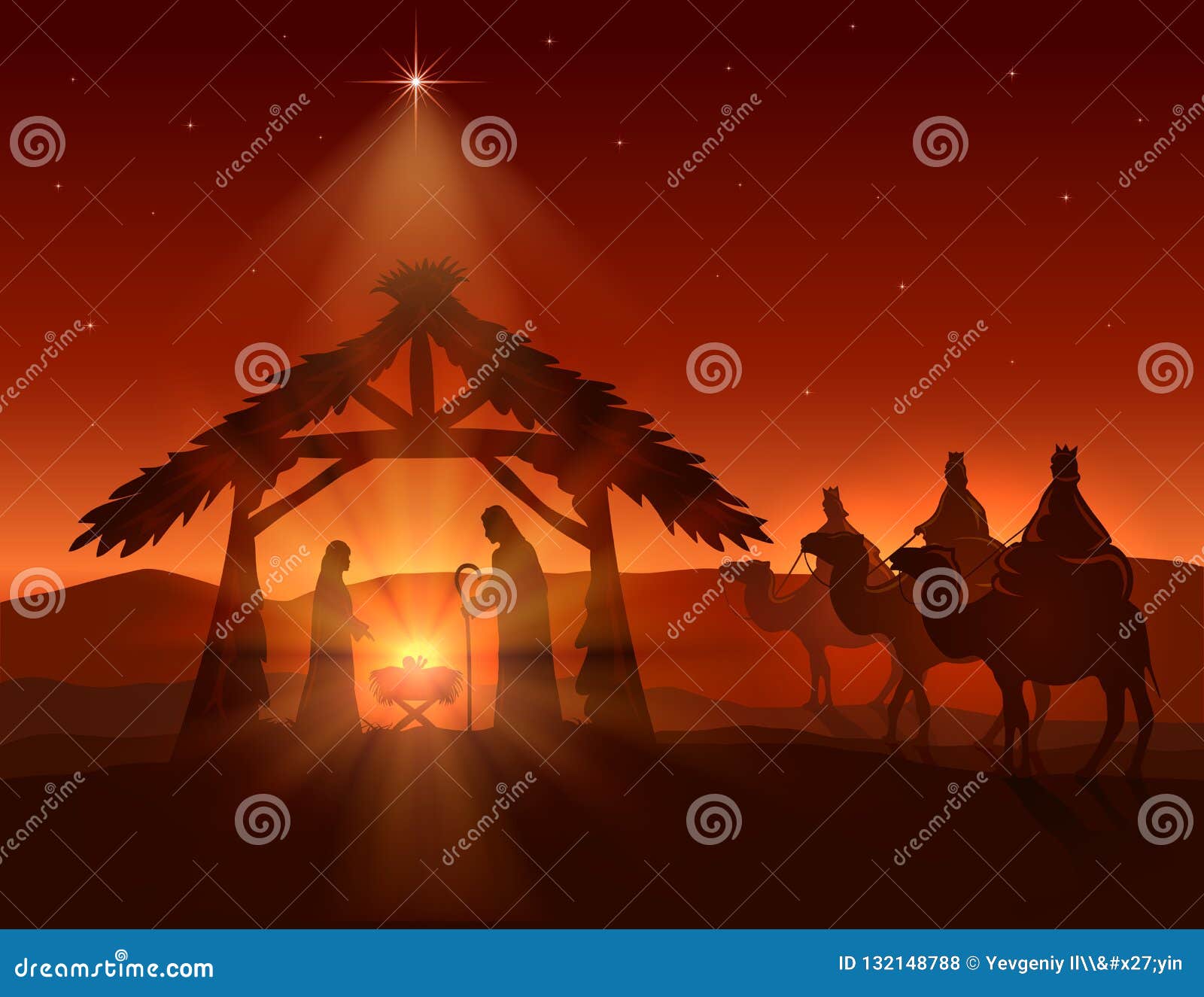 Christian Christmas with Wise Men and Jesus on Night Background Stock ...