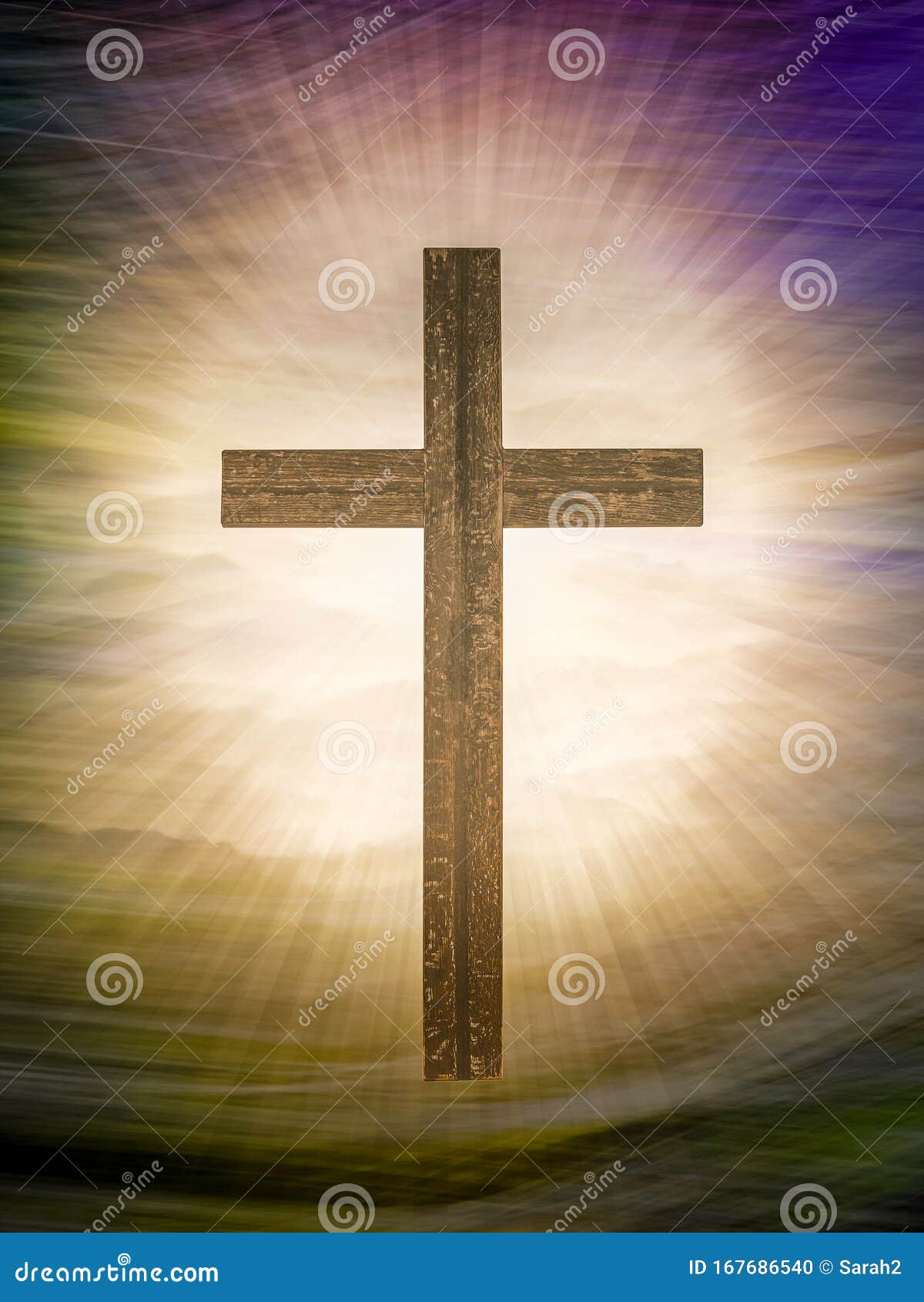 christian cross on abstract landscape background with rays of glory. religious easter.