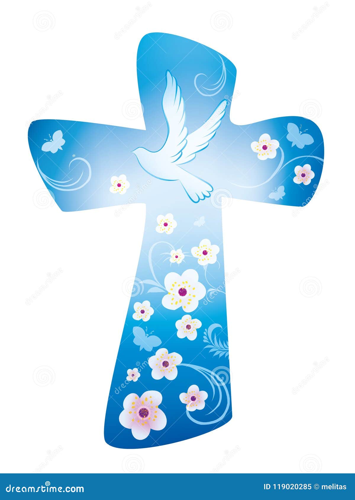 christian cross with dove and flowers on blue background