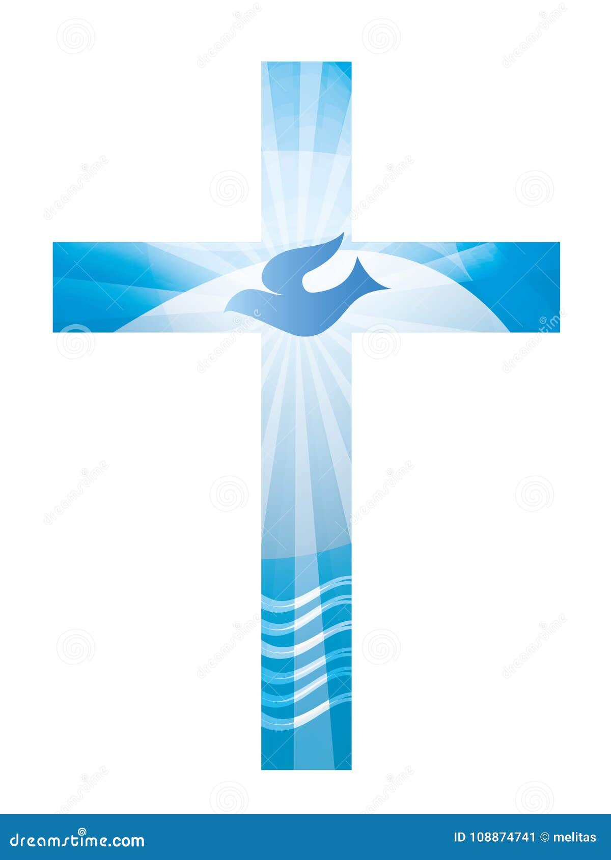 Christliches Kreuz Der Taufe Mit Taube Und Wellen Des Wassers Auf Einem Blauen Hintergrund Religioses Zeichen Stock Abbildung Illustration Von Kreuz Pray