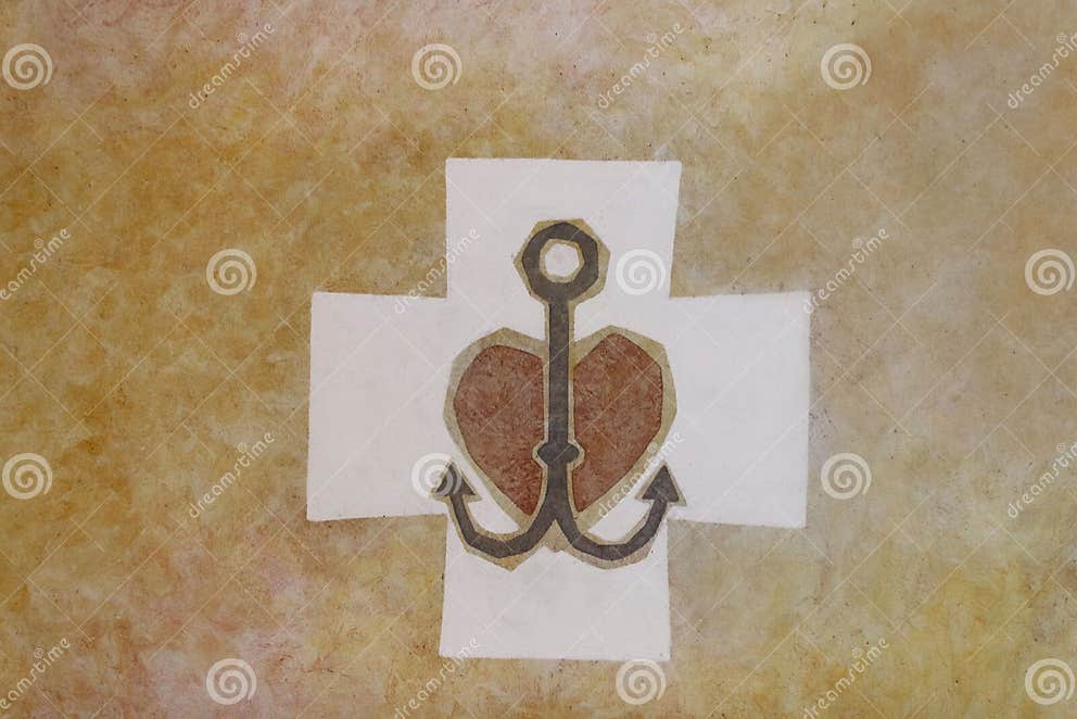 Christliches Symbol Anker, Herz, Kreuz Auf Einem Gelben Hintergrund