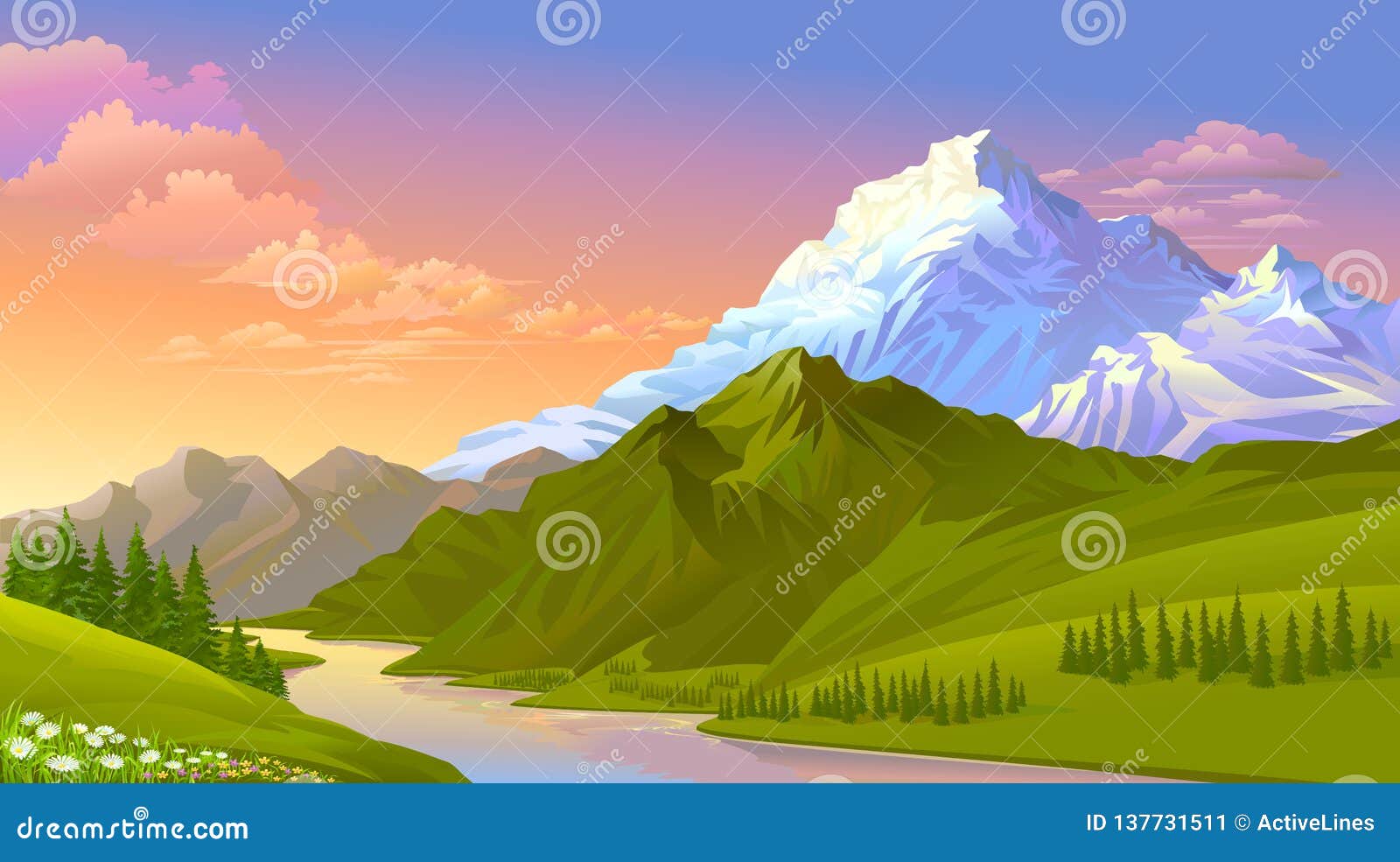 the sun setting on the icy mountains, hills covered with green meadows and fresh water.