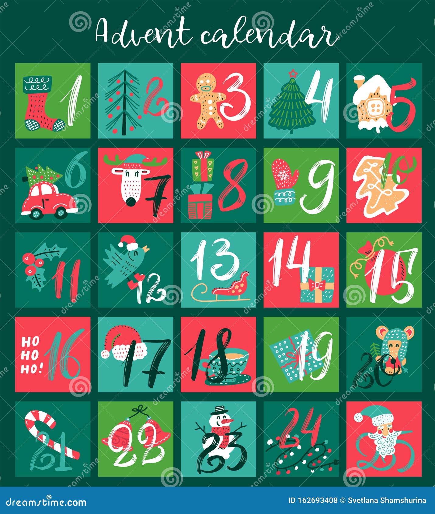 christmas advent calendar with hand drawn s. xmas poster.   for 25 december days