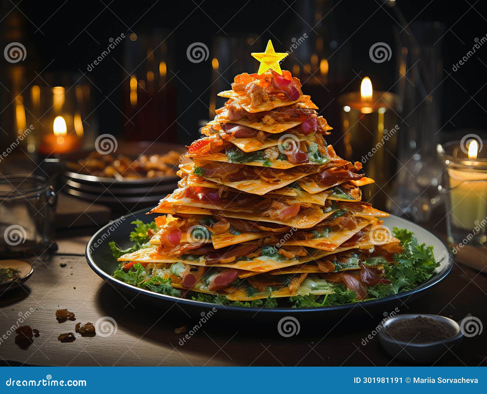 Christmas Appetizer in the Form of a Christmas Tree with Salmon and