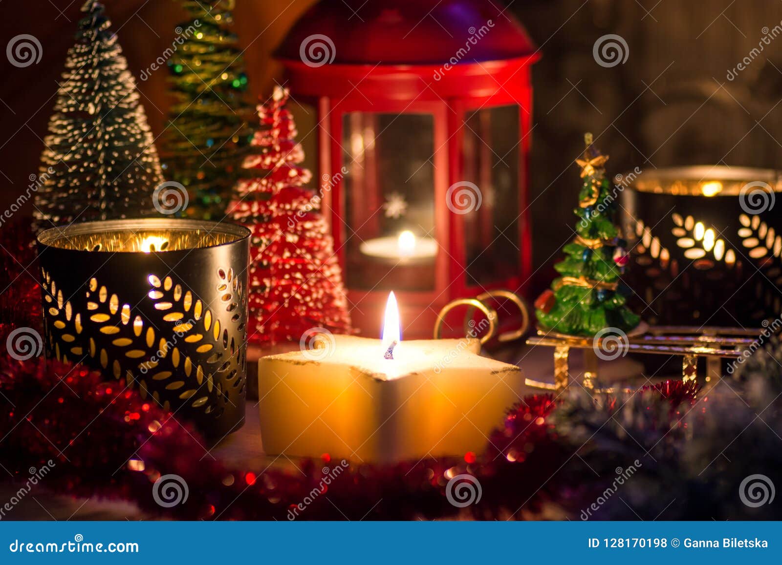 Christmas Arrangement of New Year`s Decor in a Festive Evening. Stock ...