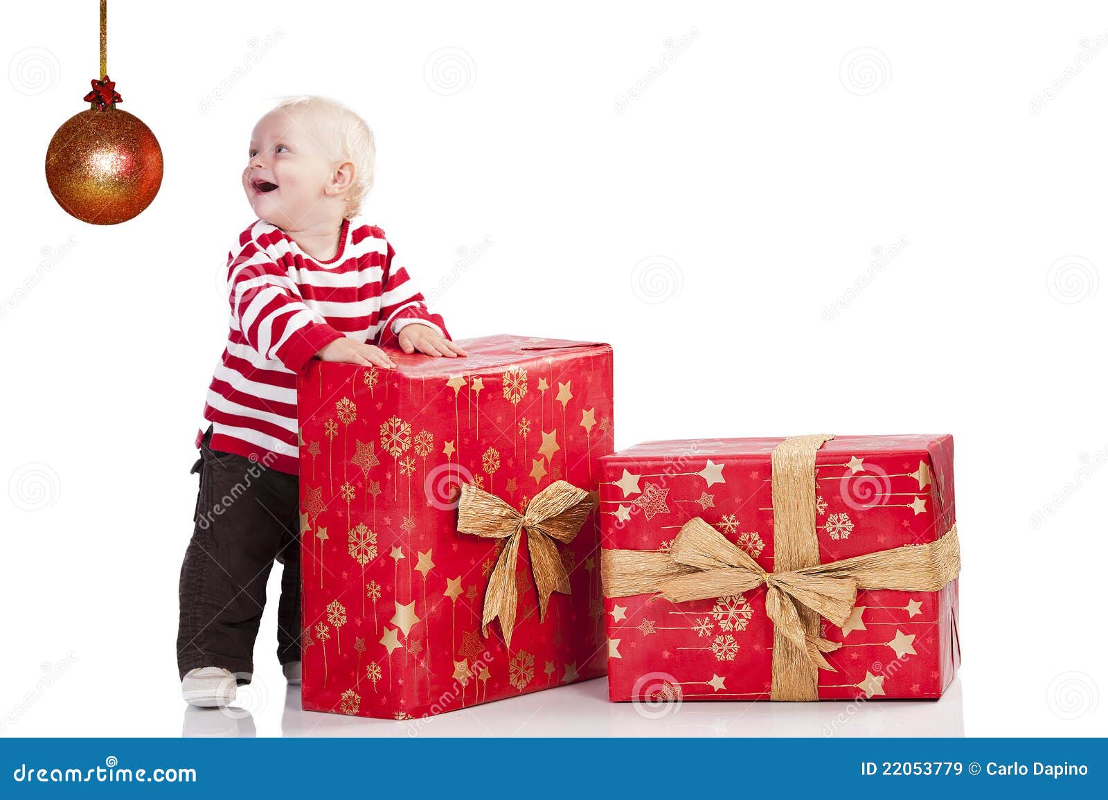 Christmas Baby Boy with Gift Box, he is Standing Stock Image Image of