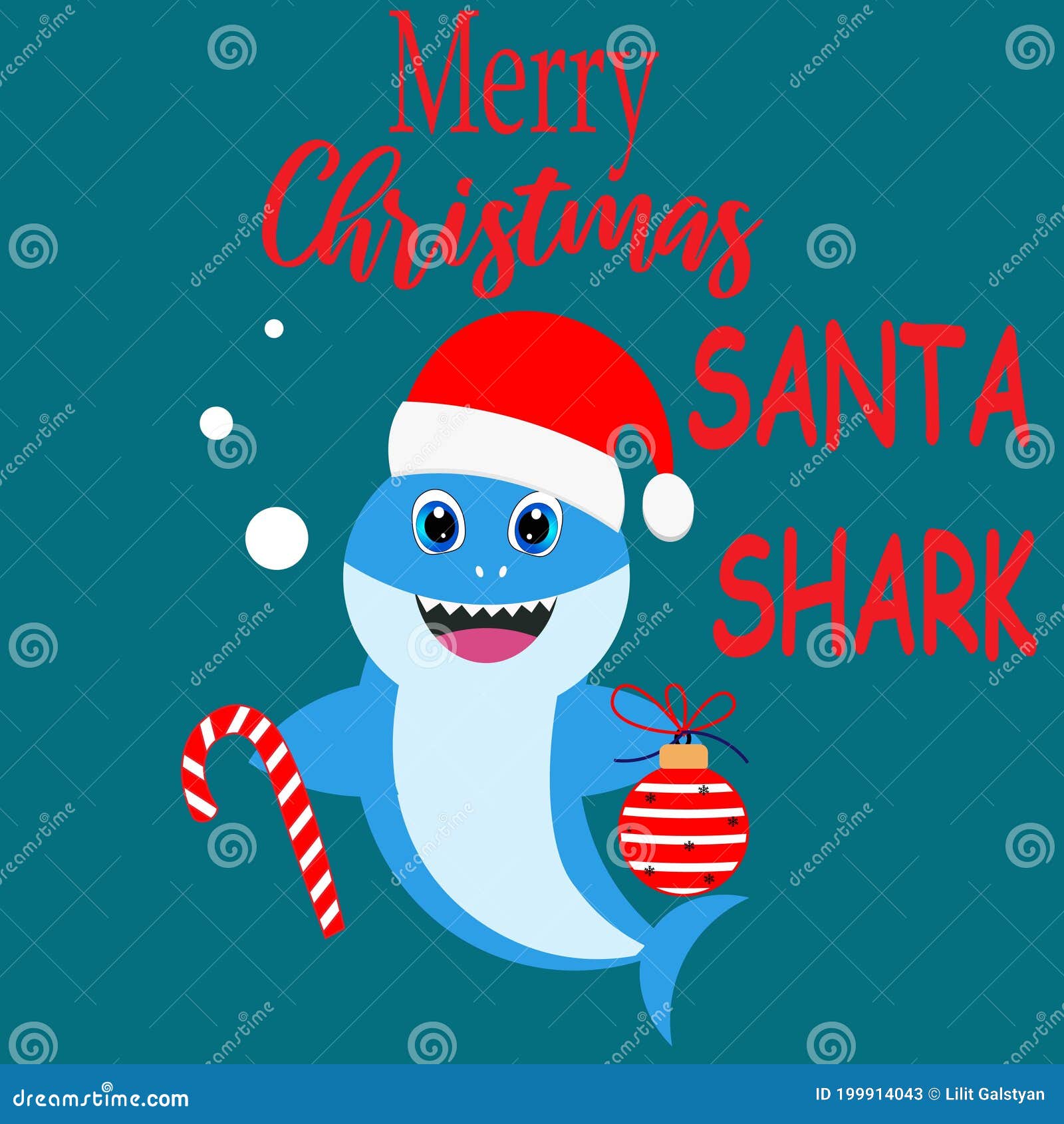 Christmas Baby Shark in Santa Hat Card Illustration Stock Vector