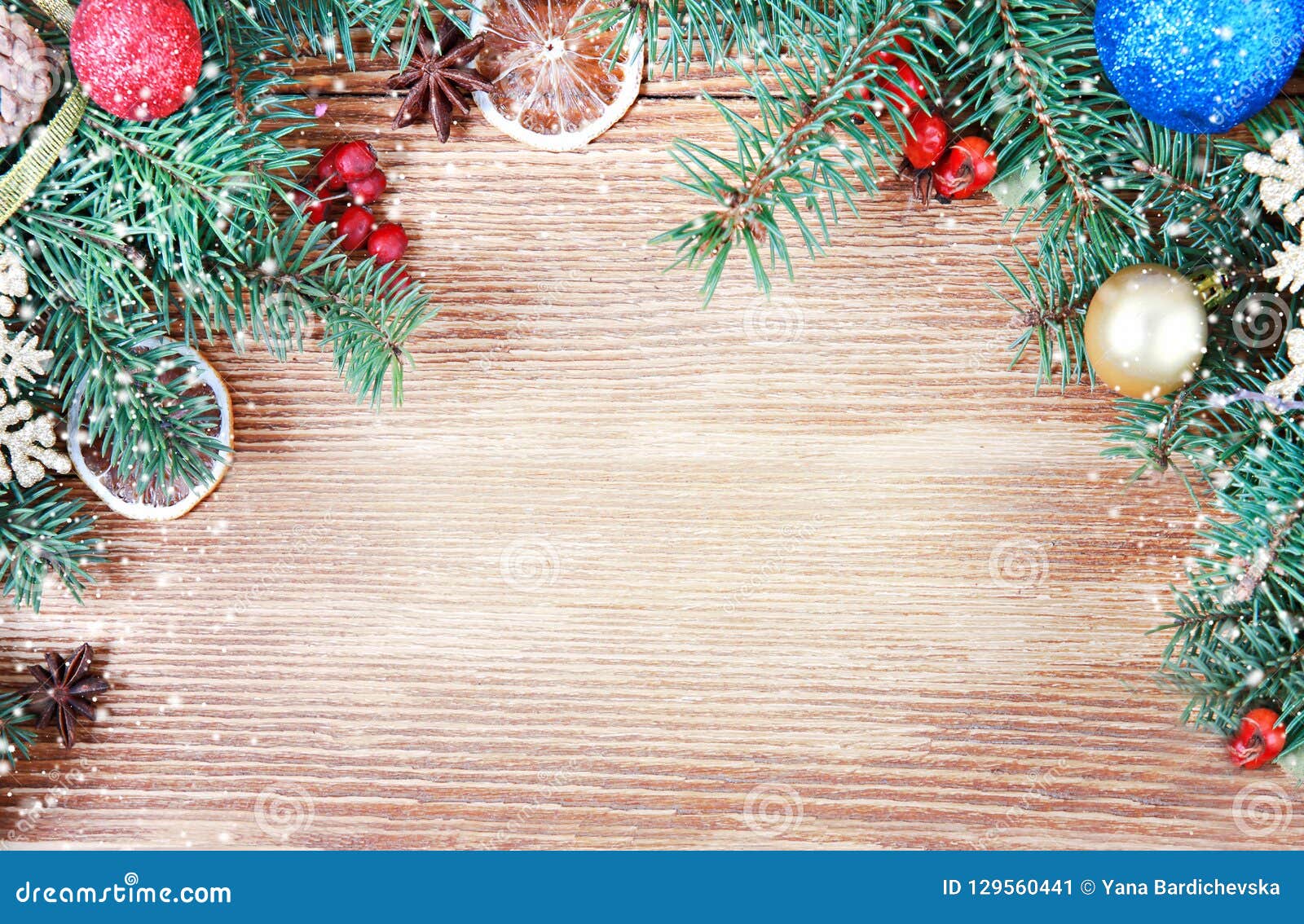 Christmas Backdrop, Fir Frame on Wooden Background. Stock Image - Image ...