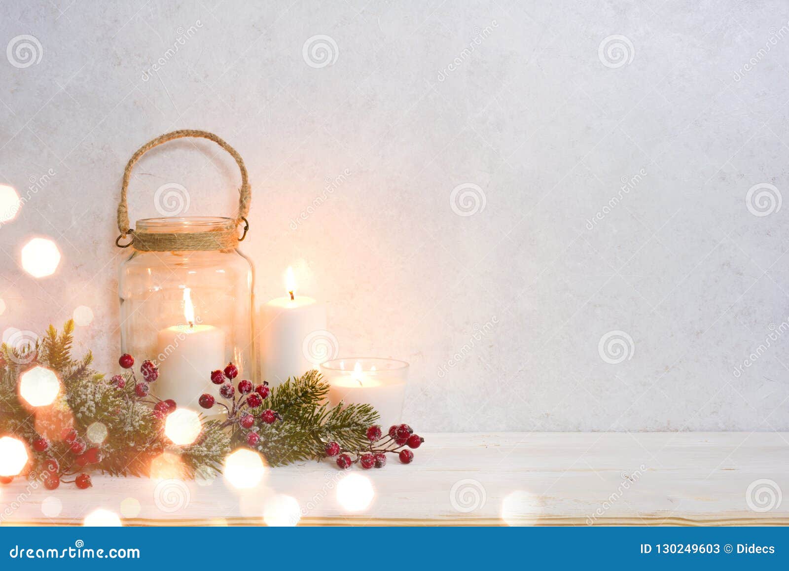 Christmas Background, Burning Lantern Candles Decorated with Frosted ...