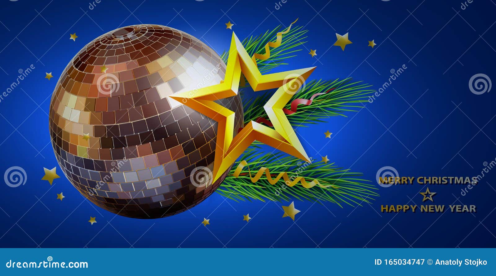 Christmas Background with Disco Balls, Fir Tree and Star. Vector