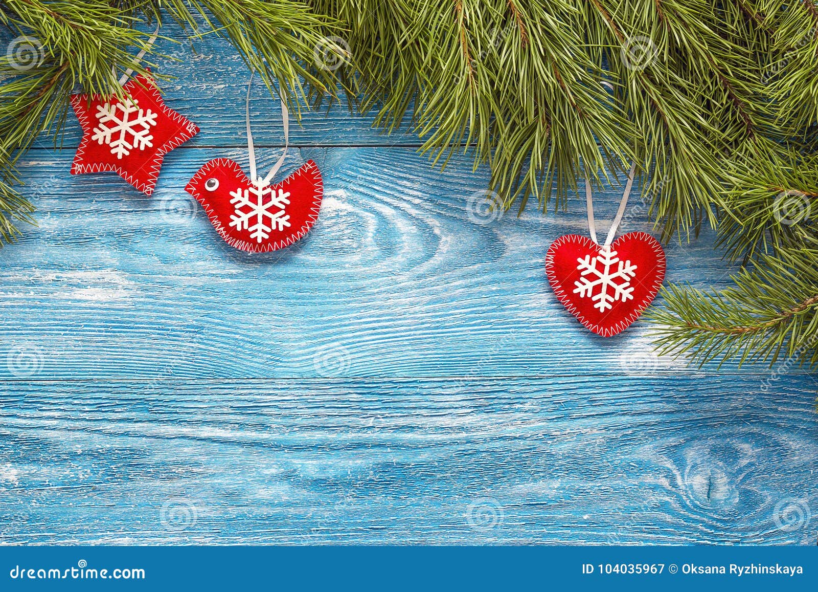 Christmas Background with Fir Branches and Red Decoration on Blu Stock ...