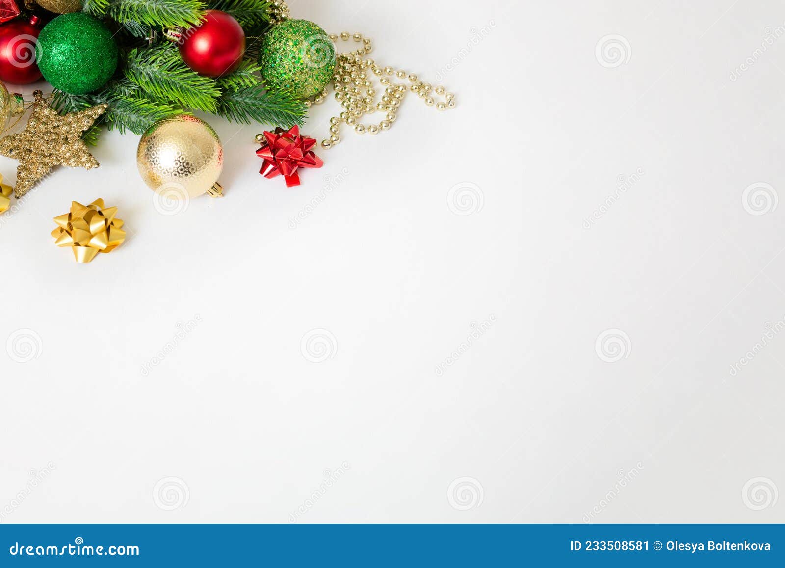 Christmas Background with Fir Branches, Red and Gold Decorations on a White  Background. Flat Lay Stock Image - Image of white, design: 233508581