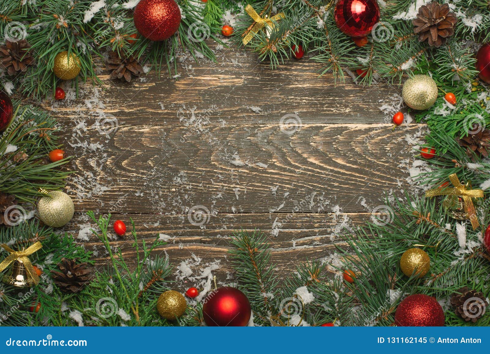 Christmas Background With Fir Tree And Decoration On Dark Wooden Stock ...