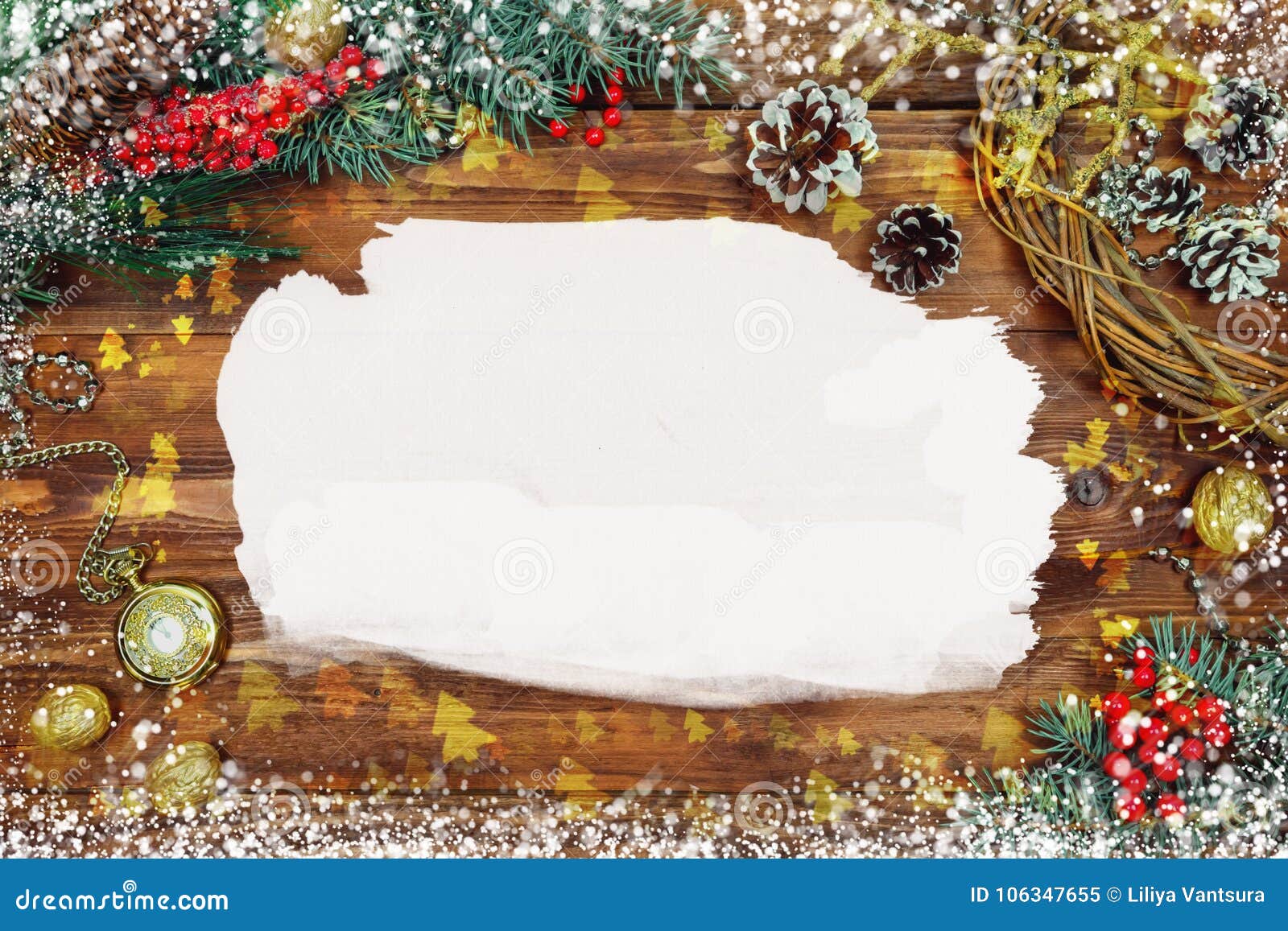Christmas Wooden Background with Snow Branch. Top View with Copy Space ...