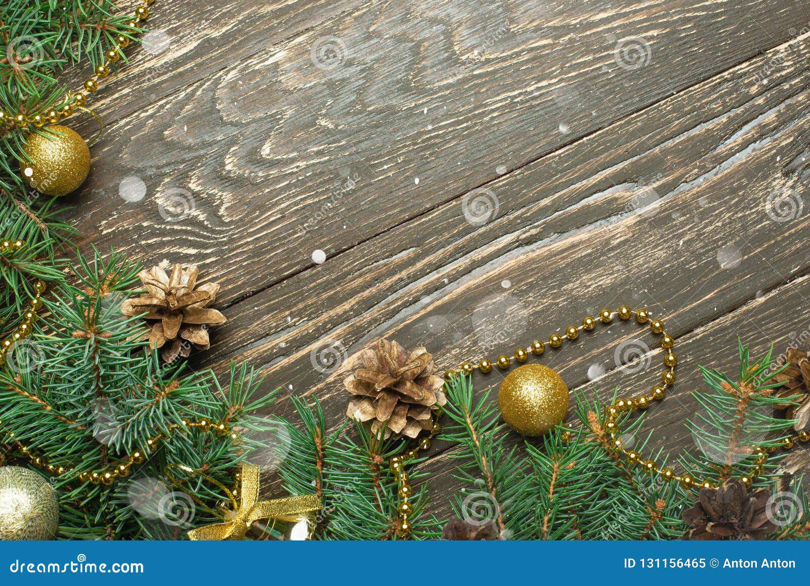 Christmas Background with Fir Tree and Decoration on Dark Wooden Stock ...