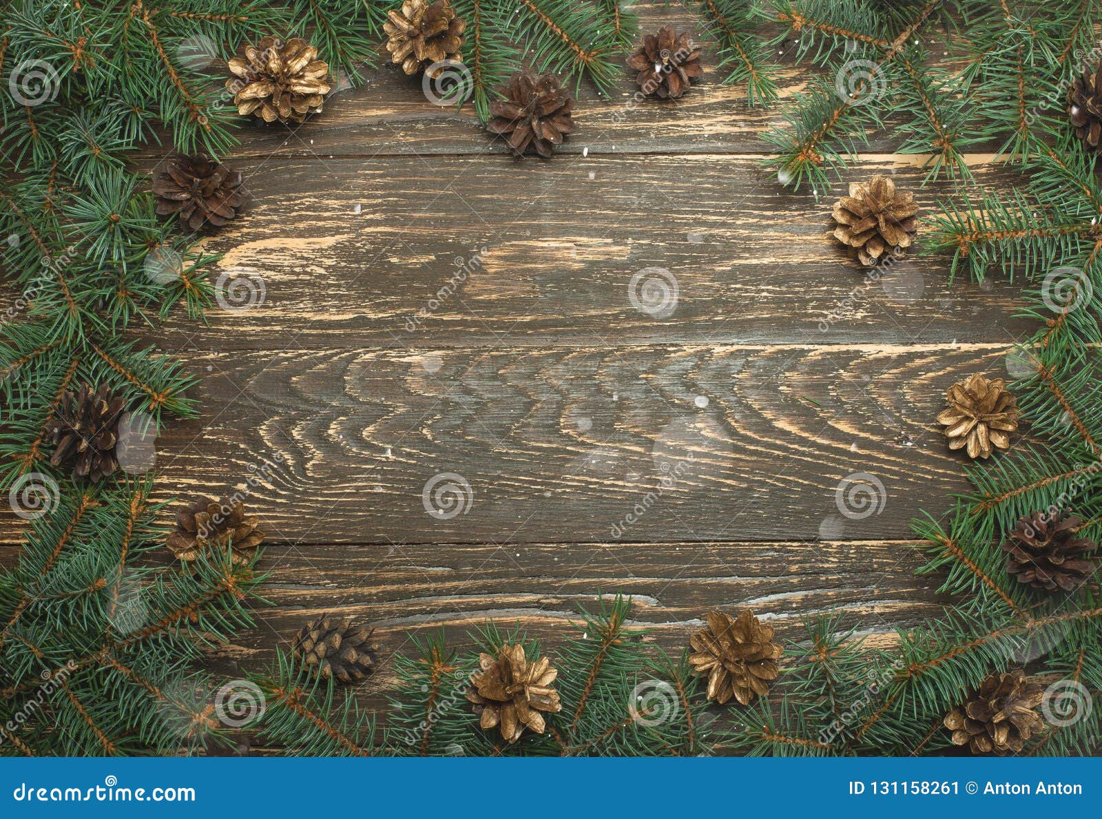 Christmas Background With Fir Tree And Decoration On Dark Wooden Stock ...