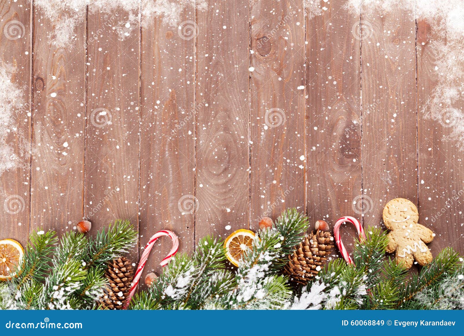  Christmas Background With Fir Tree And Food Decor Stock 