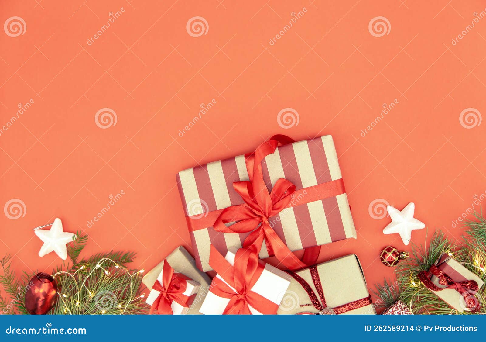 Christmas Background with Gift Boxes and Decor Details, Flat Lay. Stock