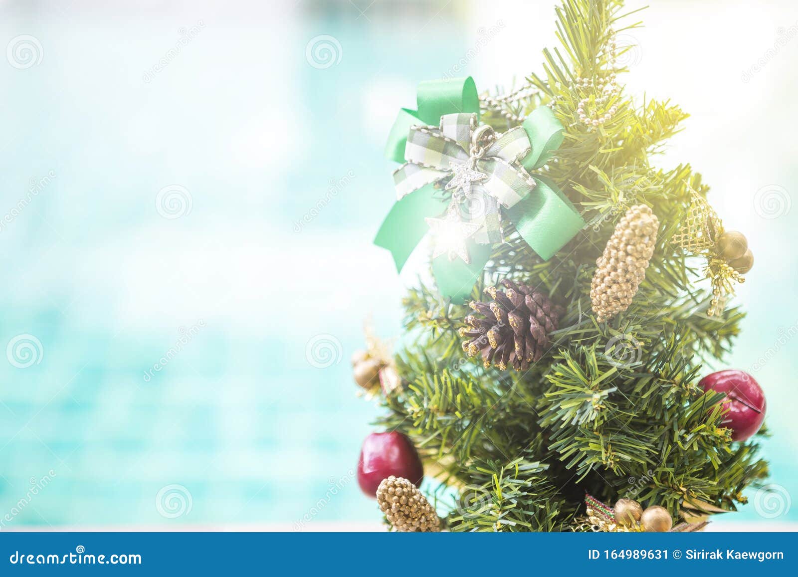 Nền cây thông Giáng sinh dưới nước xanh mờ sẽ mang đến cho bạn một cảnh vật hữu tình và đầy màu sắc. Với những chiếc đèn lung linh và những cánh hoa tuyệt đẹp, bạn sẽ trở nên lung linh và rực rỡ hơn khi chụp ảnh trong không khí Noel.