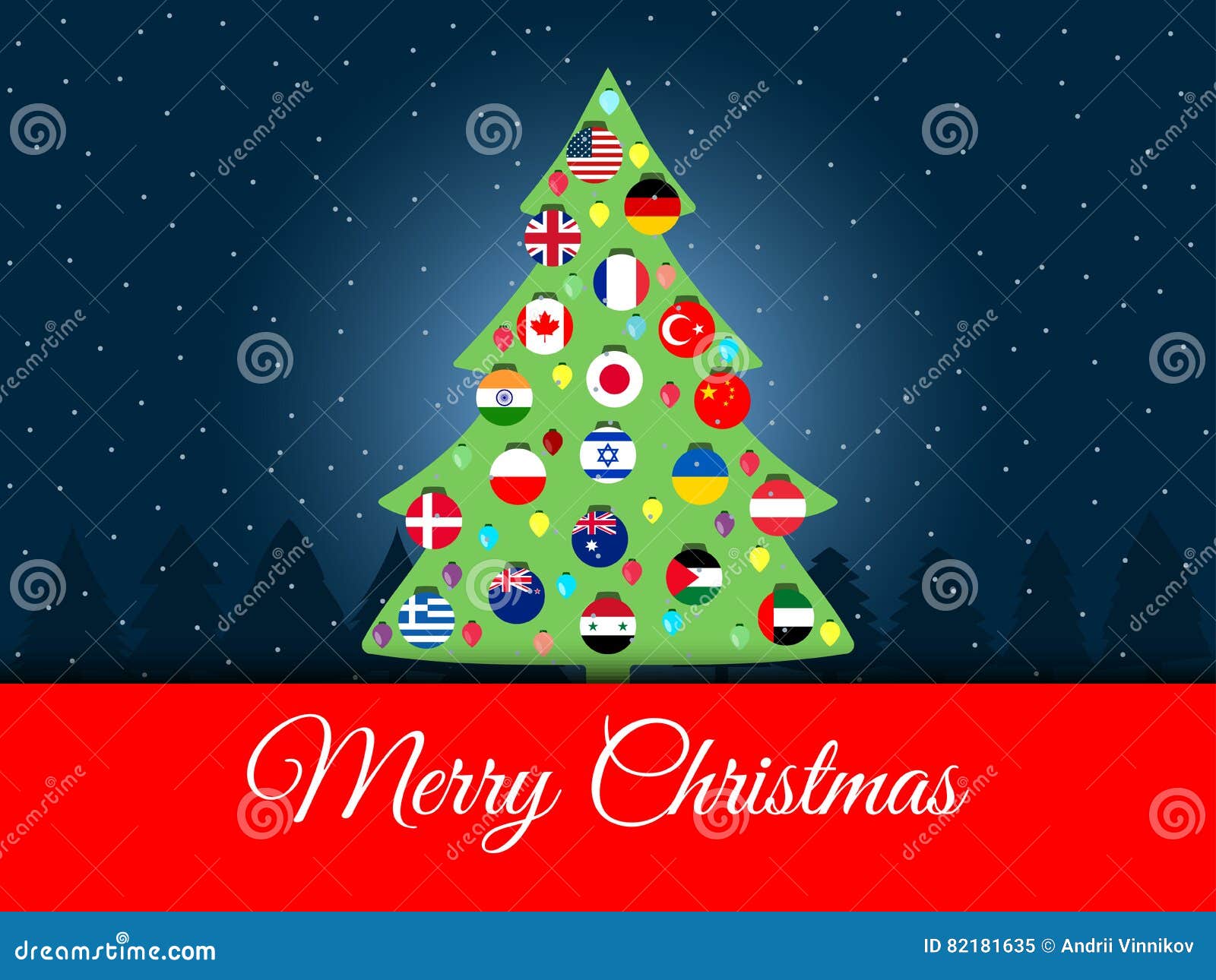 Christmas Background. International Christmas Tree. Flags of the World