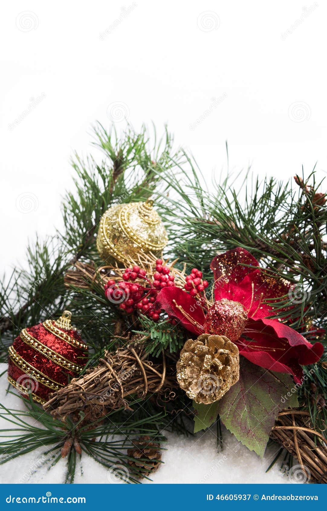 Christmas Background with Pine Tree Branch, Pine Cones, Red Flower in ...