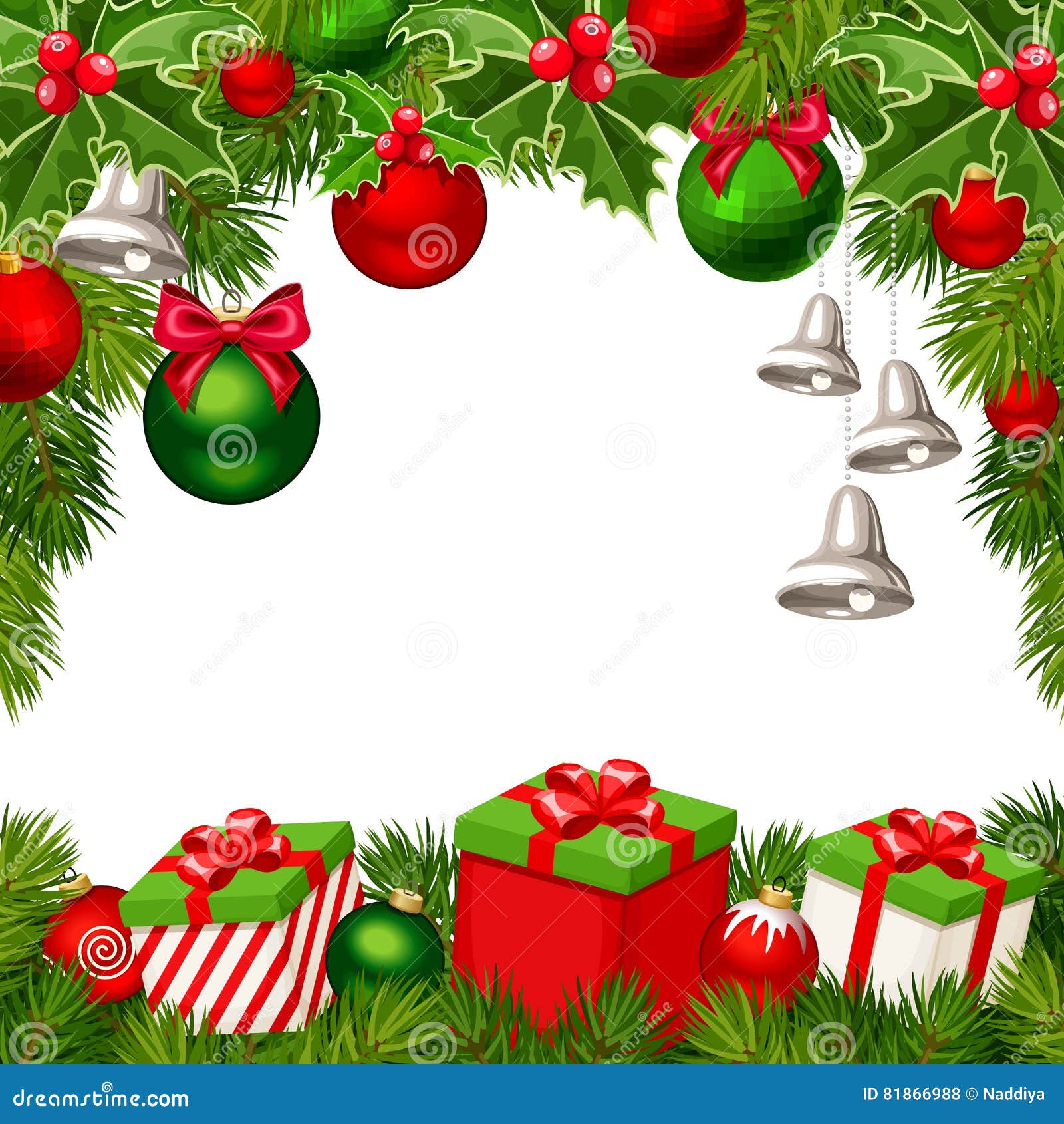 Christmas Background With Red And Green Balls, Bells, Gift Boxes, Fir-tree Branches Stock Vector ...