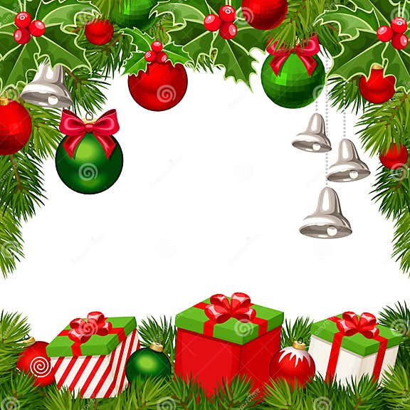 Christmas Background with Red and Green Balls, Bells, Gift Boxes, Fir ...