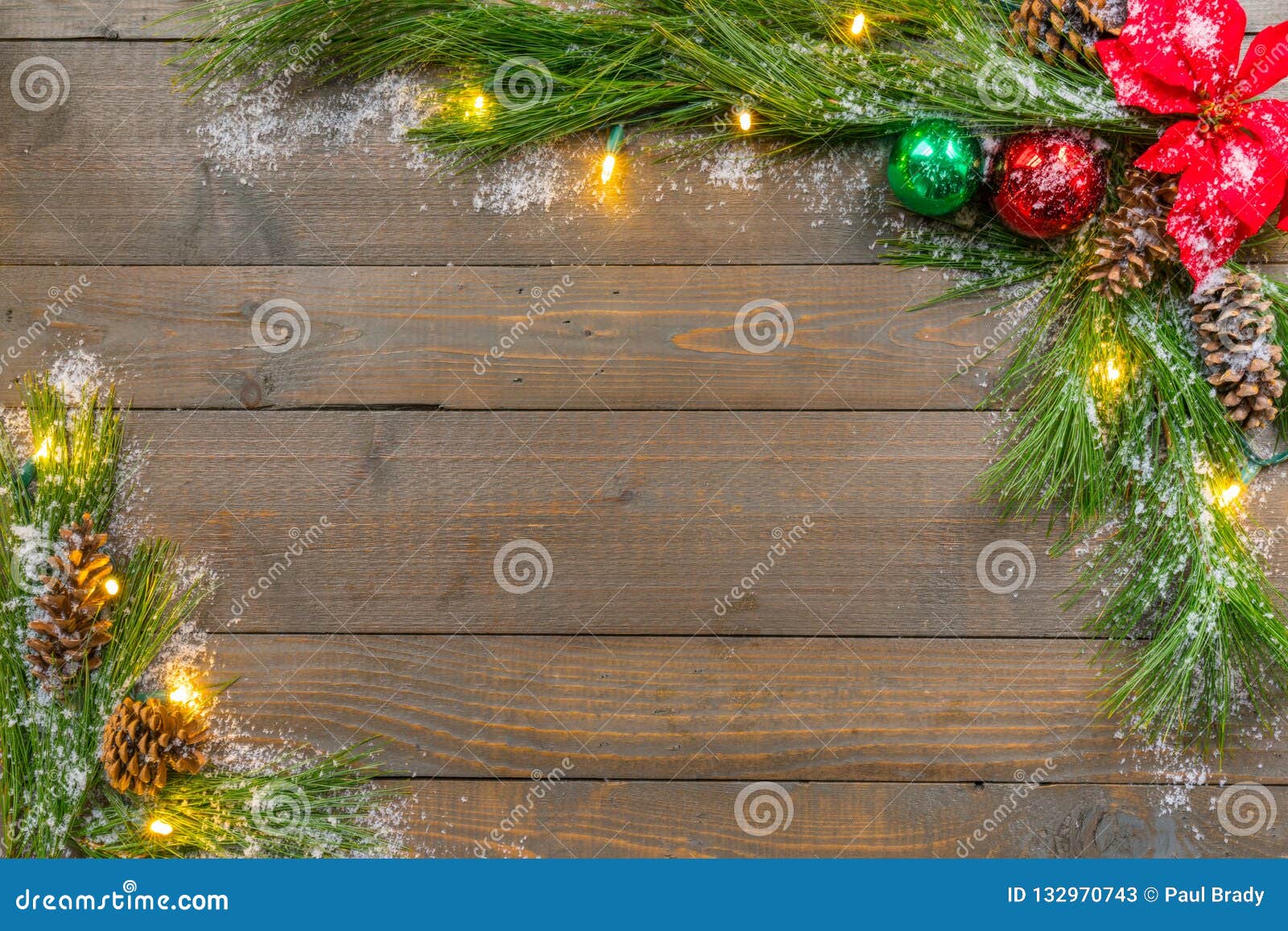 Christmas Background with Spruce Greens, Snow, Ornaments and Lights ...
