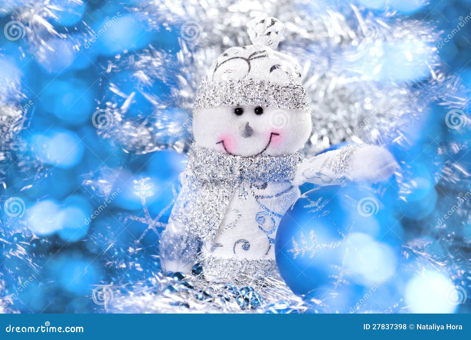 Christmas background with snowman and balls. Christmas background with cheerful snowman and balls