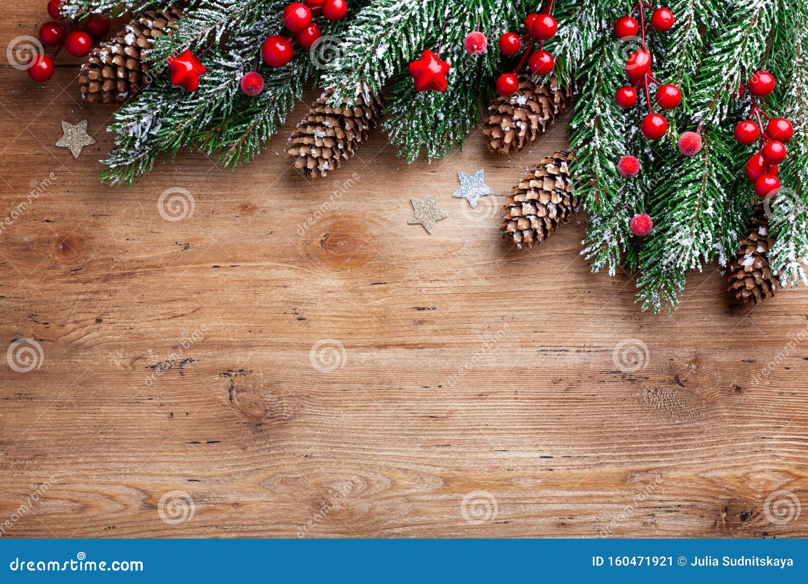 christmas background. snowy fir tree branches with fir cones and red berries on wooden board. top view with space for text