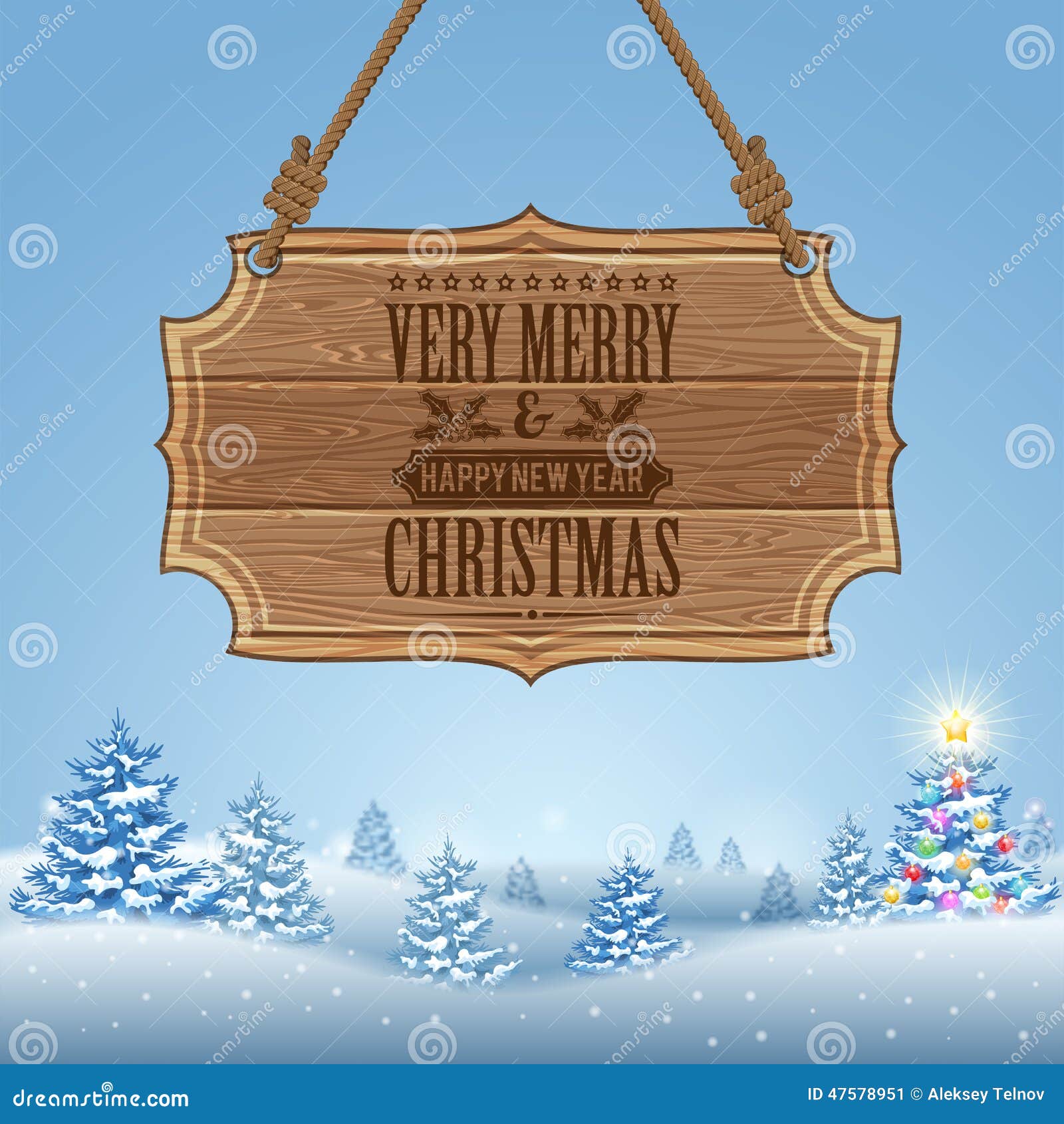 Christmas background with Wooden Sign and Fir Tree. Vector Template for Cover, Flyer, Brochure, Greeting Card.