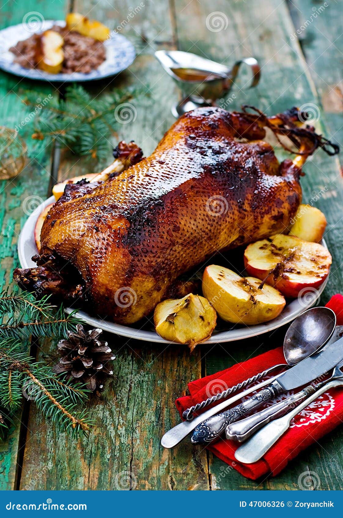 The Christmas Baked Goose with Apples Stock Photo - Image of apple ...