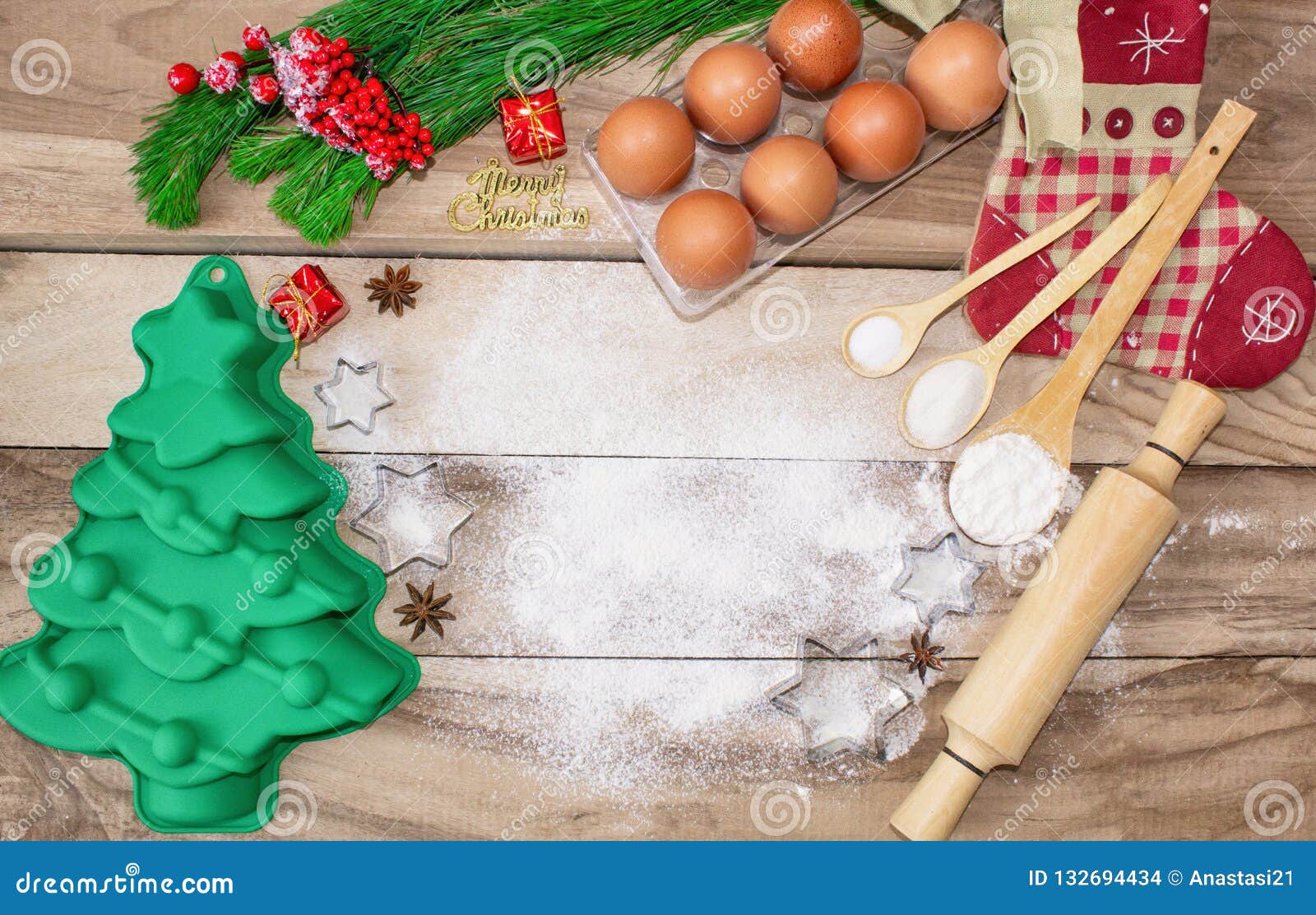 Christmas Baking Cake Background. Ingredients and Tools for Baking - Flour,  Eggs, Silicone Molds in the Shape of a Christmas Tree, Stock Photo - Image  of preparation, dough: 132694434