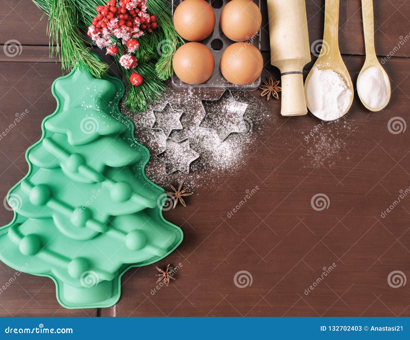 Christmas Baking Cake Background. Ingredients and Tools for Baking - Flour,  Eggs, Silicone Molds in the Shape of a Christmas Tree, Stock Image - Image  of menu, country: 132702403
