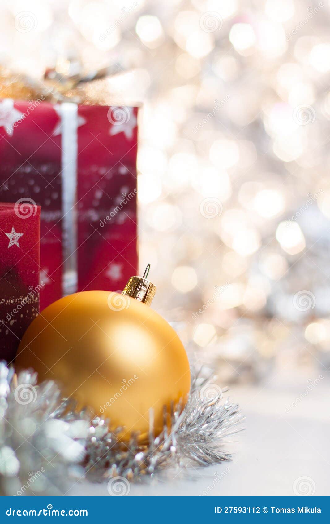 Christmas Ball and Gifts on Light Background Stock Photo Image of