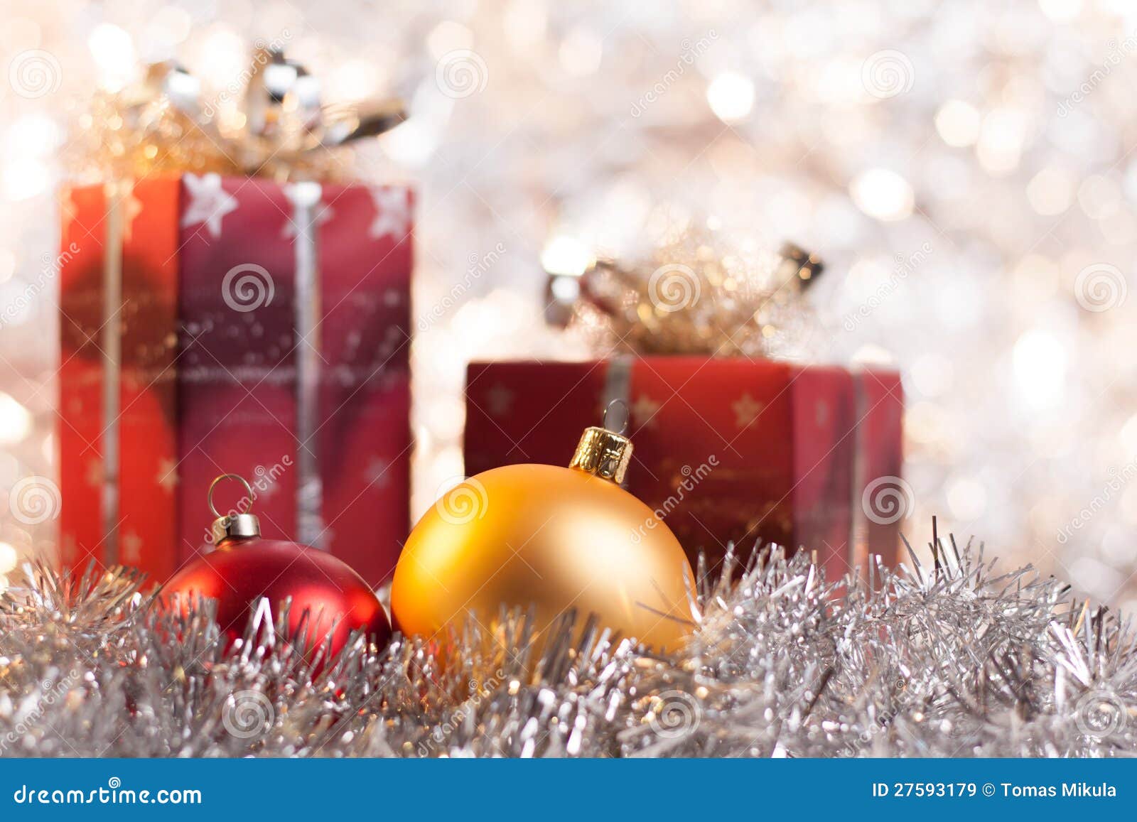 Christmas Ball and Gifts on Light Background Stock Image Image of