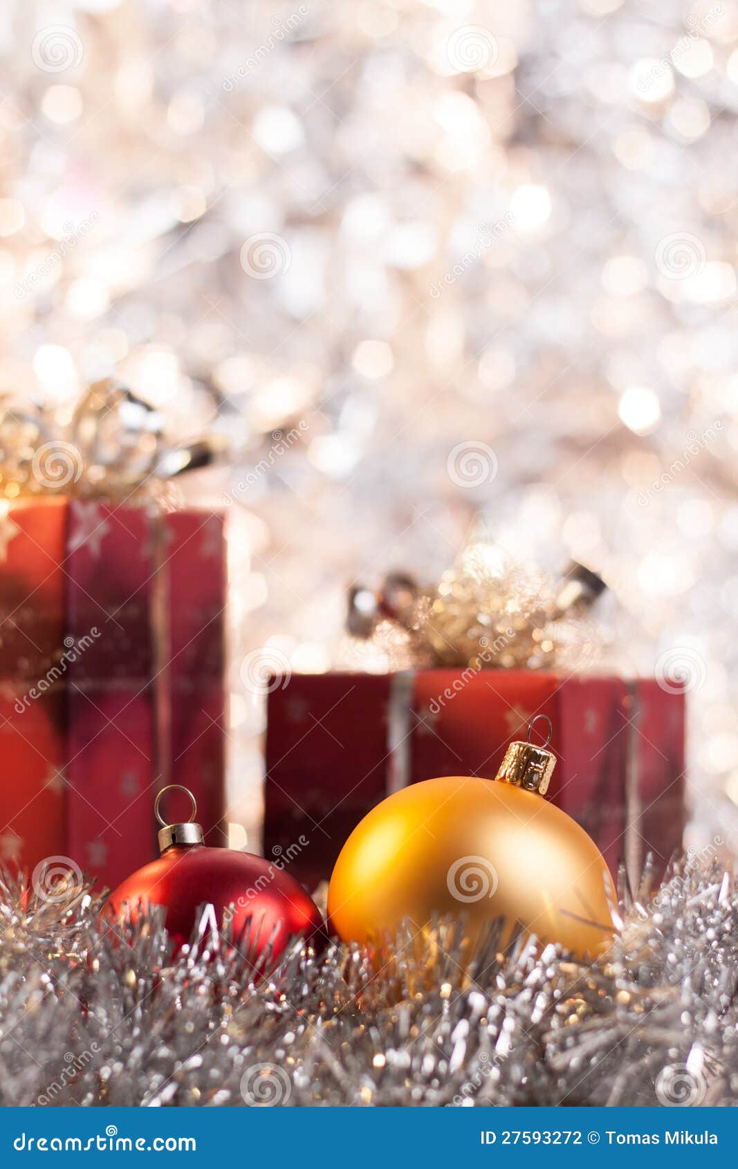 Christmas Ball and Gifts on Light Background Stock Photo Image of