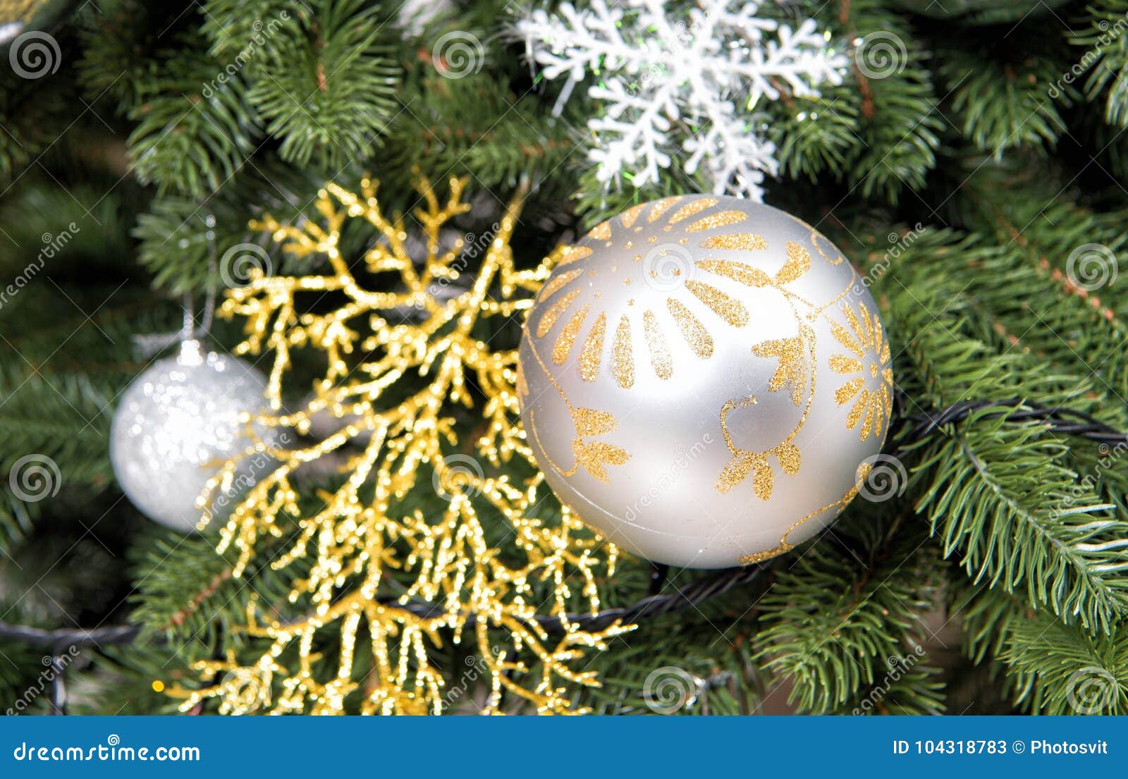 Christmas Ball, Ornaments And Decorations On Green Fir Tree Branches ...